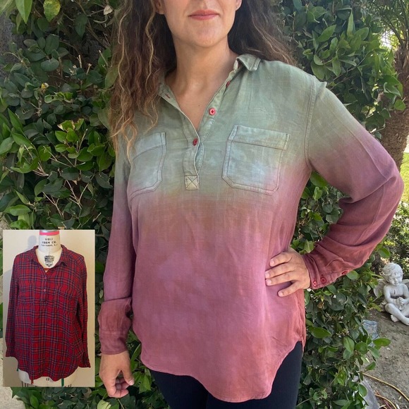 Earthy Green to Wine Red ReDyed Ombre Tunic Long Sleeve Large - Picture 1 of 4